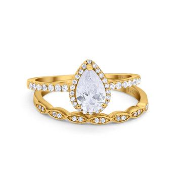 14K Yellow Gold Pear Art Deco Teardrop Bridal Set Ring Band Engagement Piece Simulated CZ Size-7